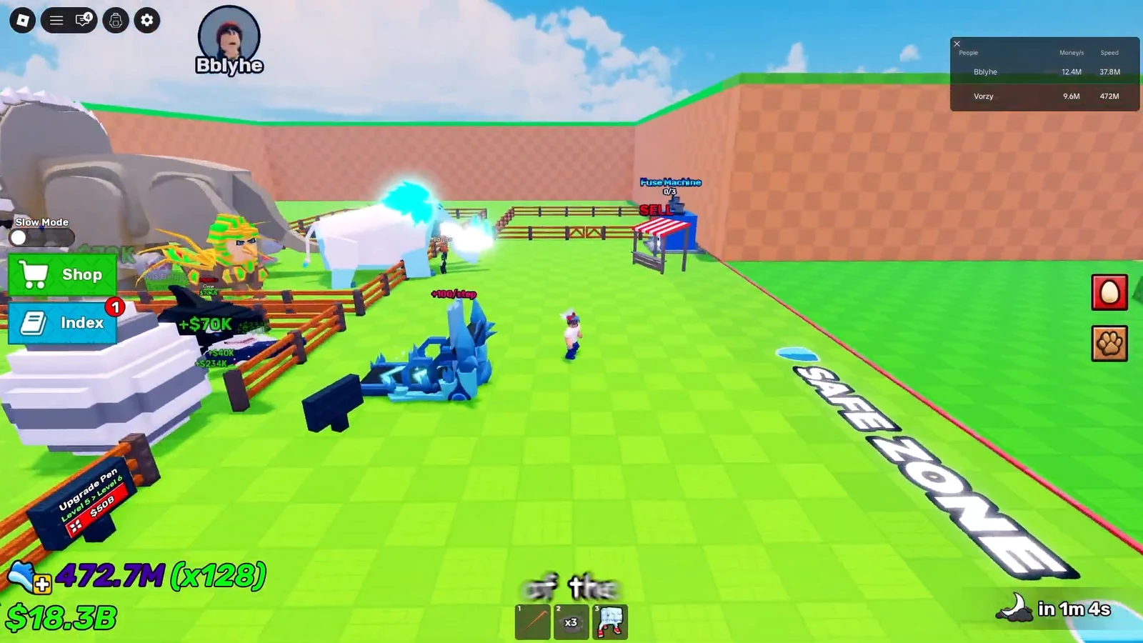 Player's pets near the SELL booth and Fuse Machine with a 0/3 fusion counter