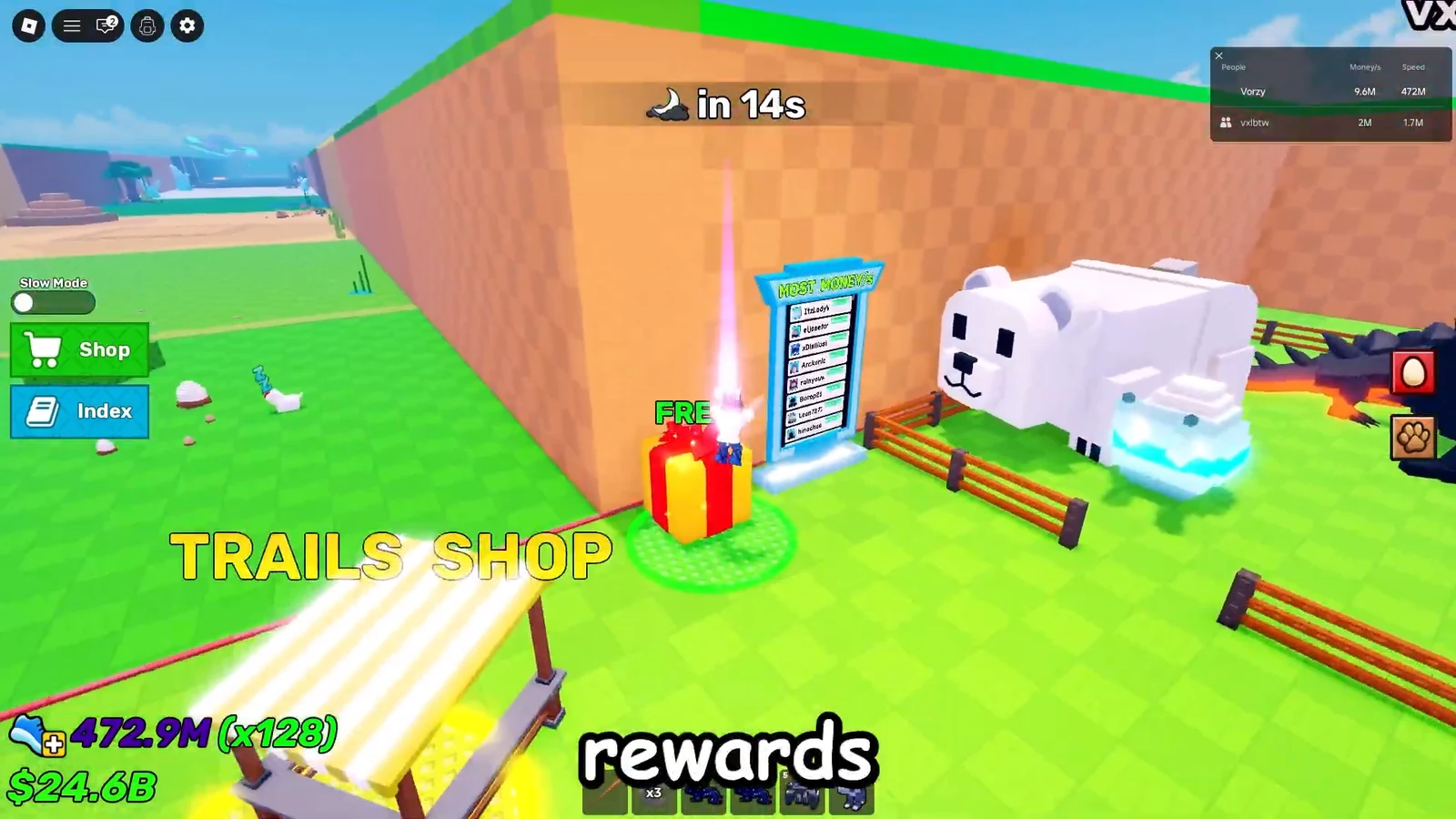 Player standing at the Trails Shop beside a gift-marked entrance and rewards display