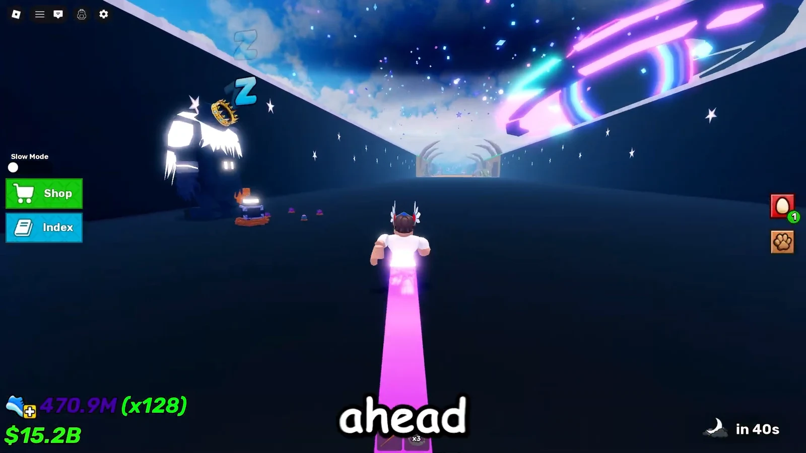 Player character moving through a neon tunnel with Shop and Index buttons on the left