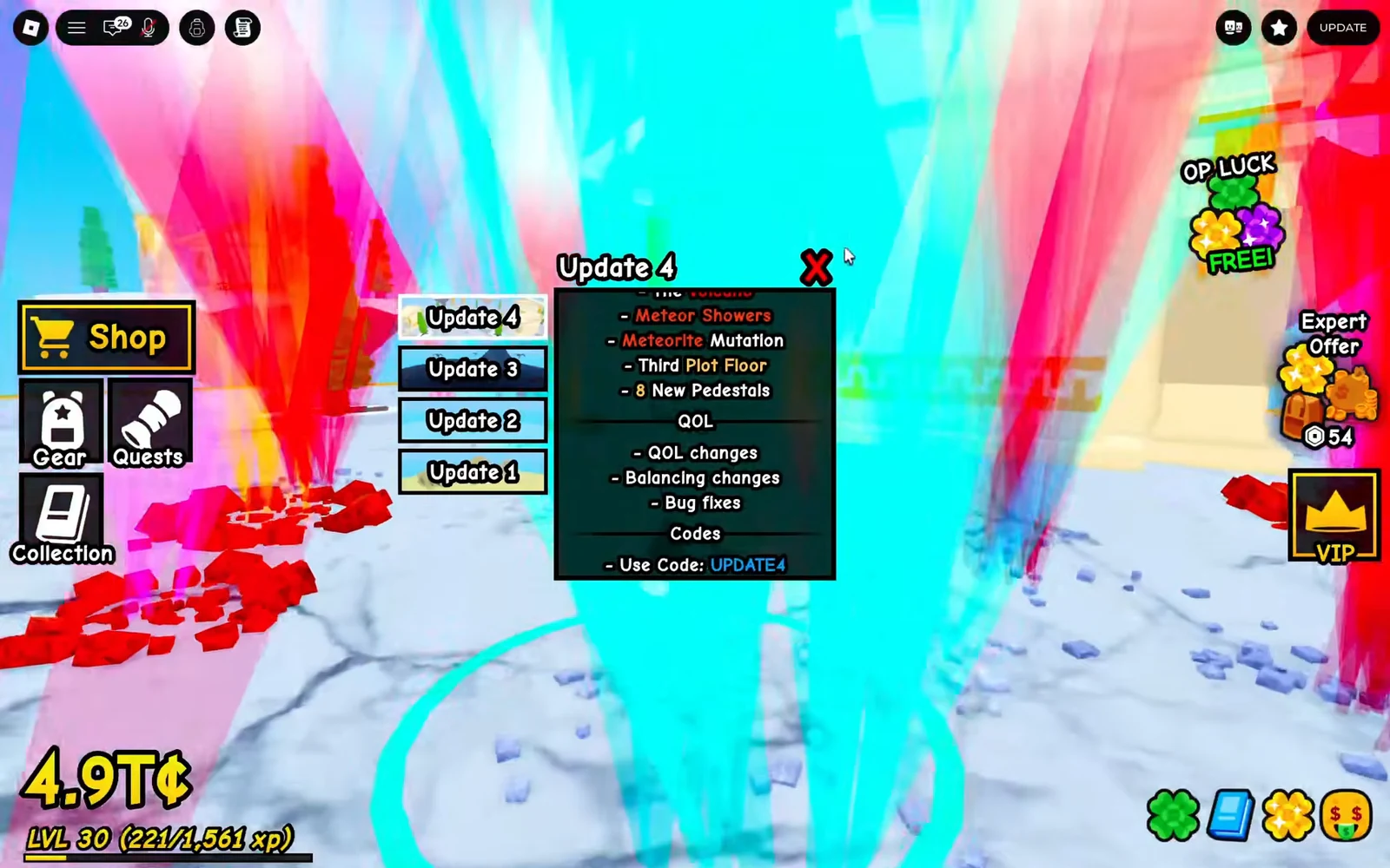 Update 4 patch notes panel listing Meteor Showers, QOL changes and the UPDATE4 code