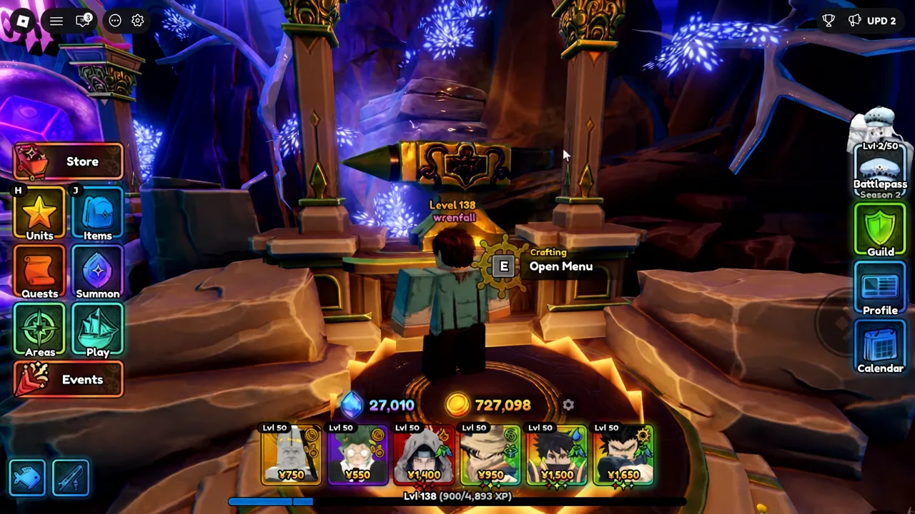 Crafting station in the lobby showing the Open Menu prompt bound to the E key
