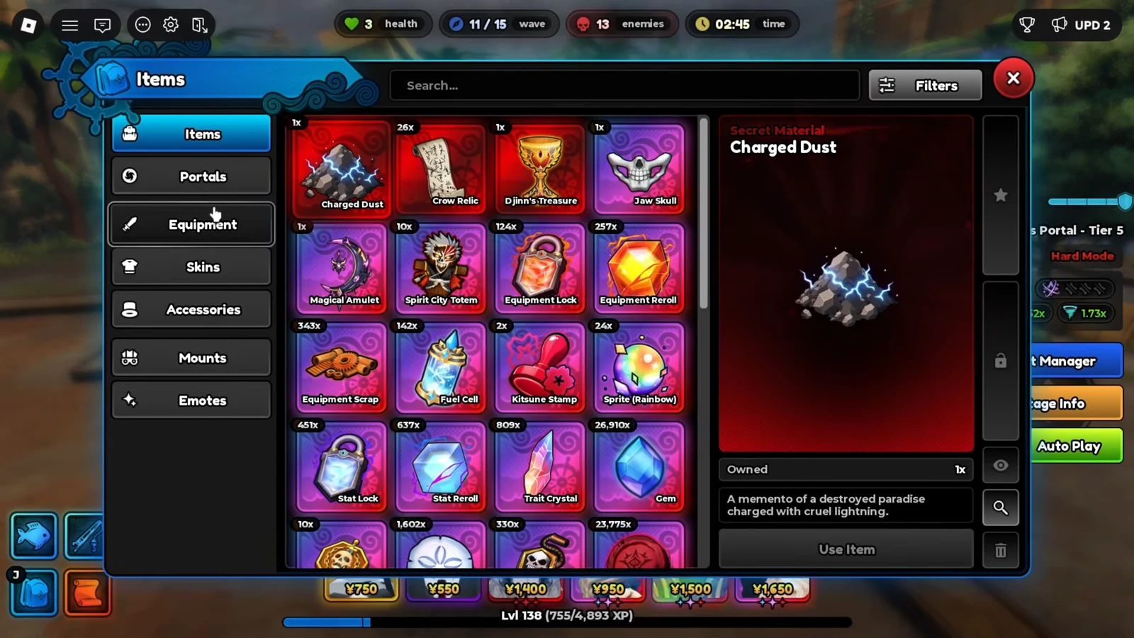 Items menu with Charged Dust selected, showing its description and quantity