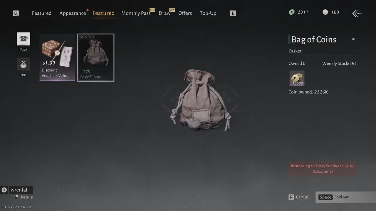 Featured shop screen showing the Bag of Coins item detail marked as sold out