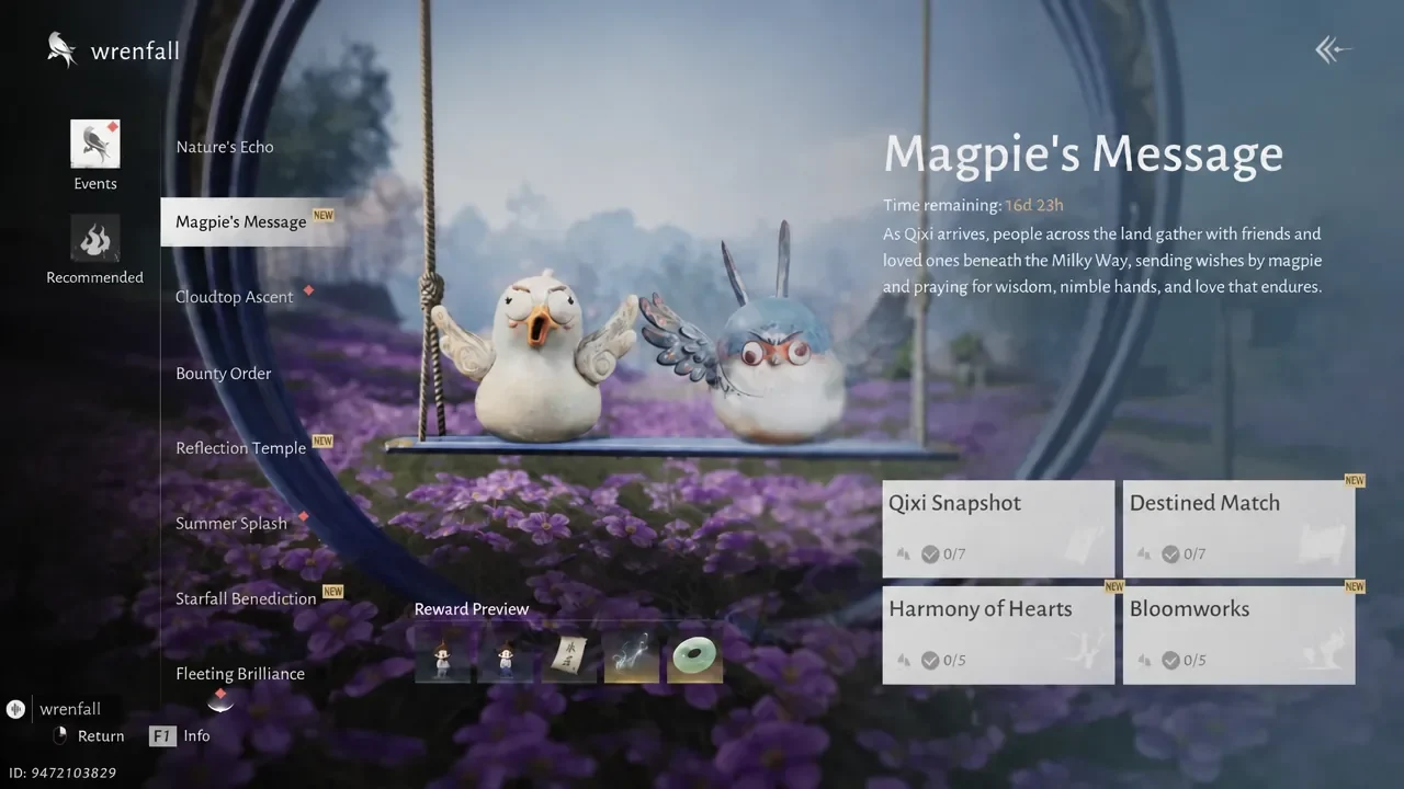 Events screen with Magpie’s Message selected, showing its overview and reward preview