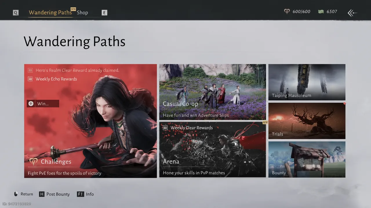Wandering Paths menu with the Arena tile highlighted among the co-op activity options