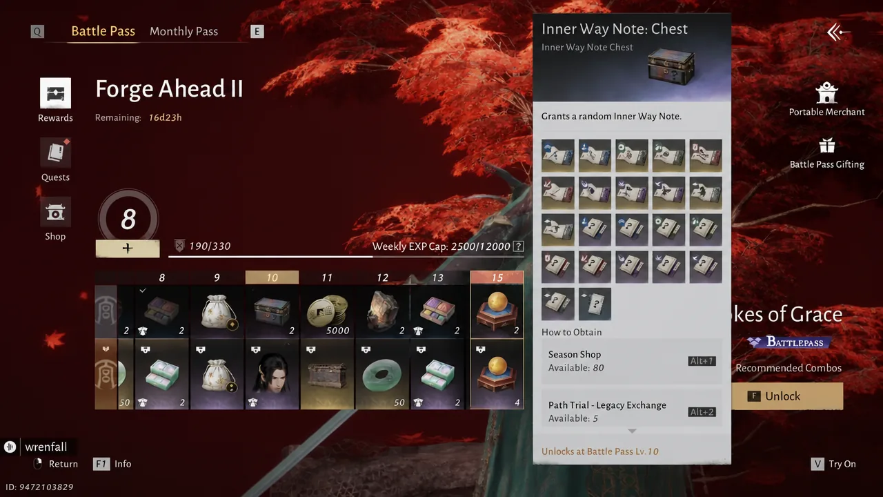 Battle Pass reward track with the Inner Way Note chest reward selected for details