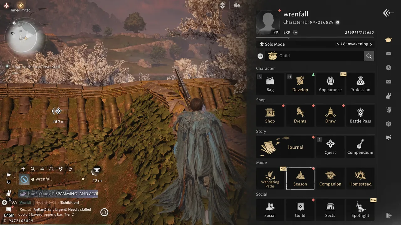 Main menu with the Season button highlighted under the Mode heading