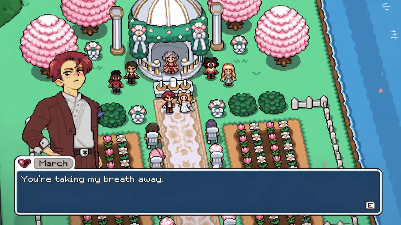 March's dialogue box in Fields of Mistria reading "You're taking my breath away"