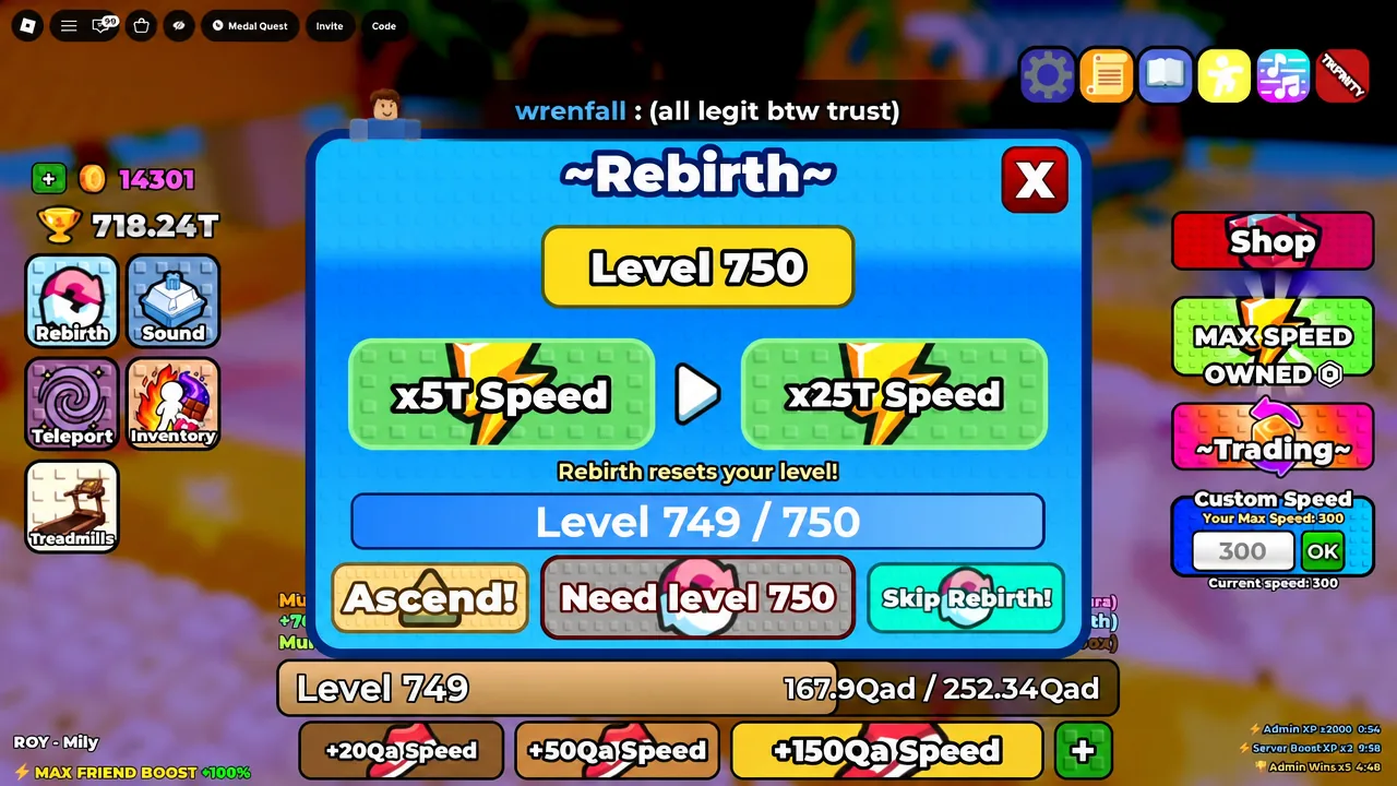 Rebirth menu at level 749 with the Need level 750 button greyed out