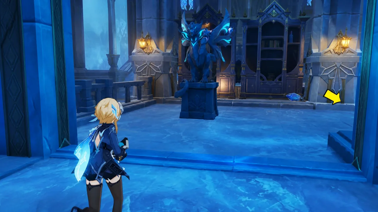 genshin-impact-how-to-find-way-to-open-the-door-to-the-royal-hall-puzzle-solution-guide-statue-how-push-statue - melt ice platform down