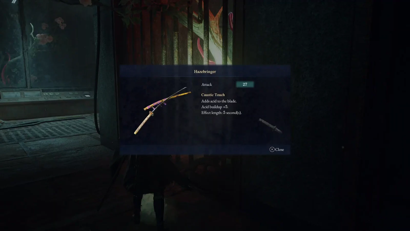 Hazebringer weapon details showing 27 attack and the Caustic Touch acid effect