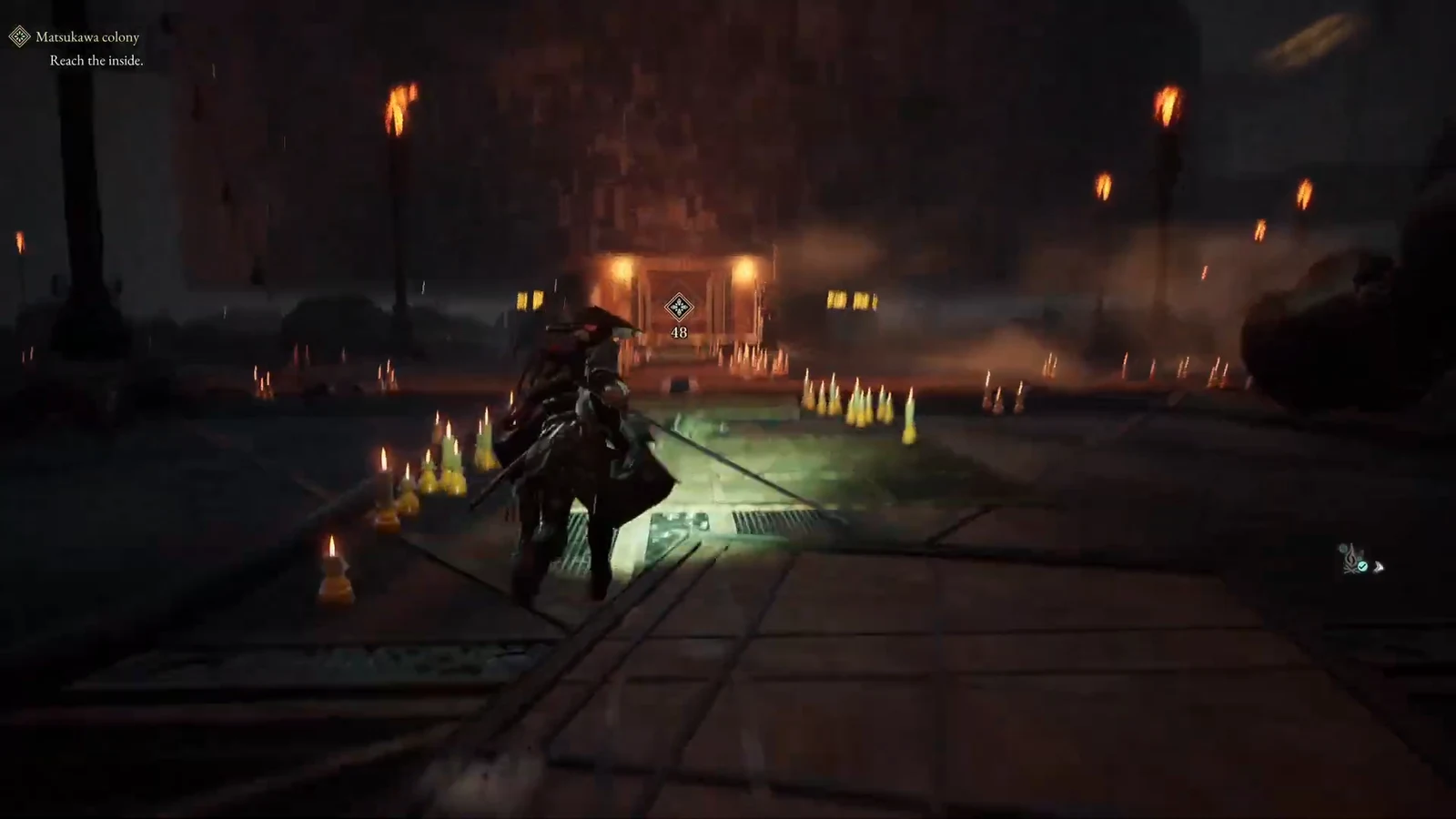 Emma running toward the marked Matsukawa colony entrance with the Reach the inside objective active
