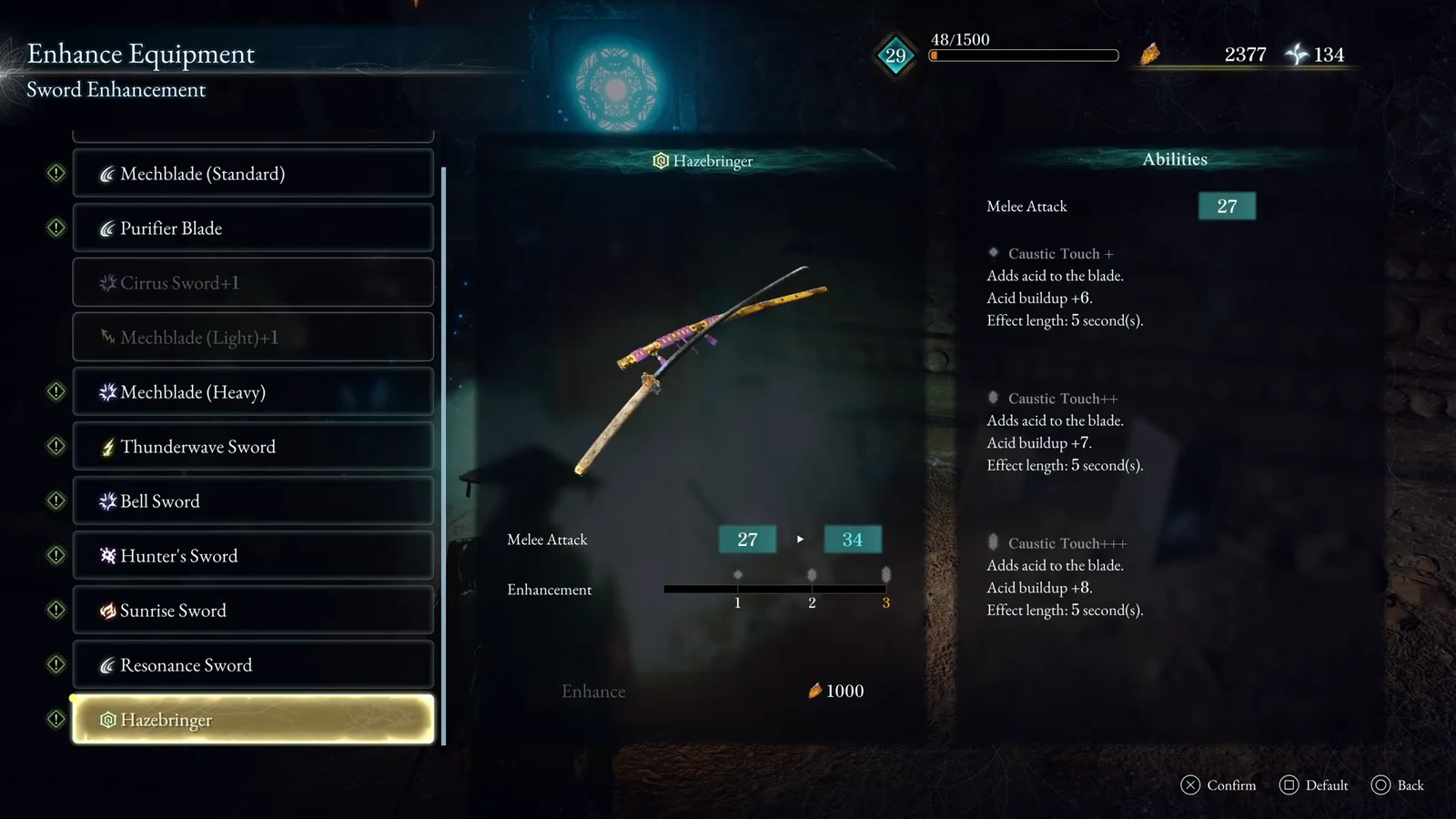 Enhance Equipment screen previewing Hazebringer melee attack rising from 27 to 34