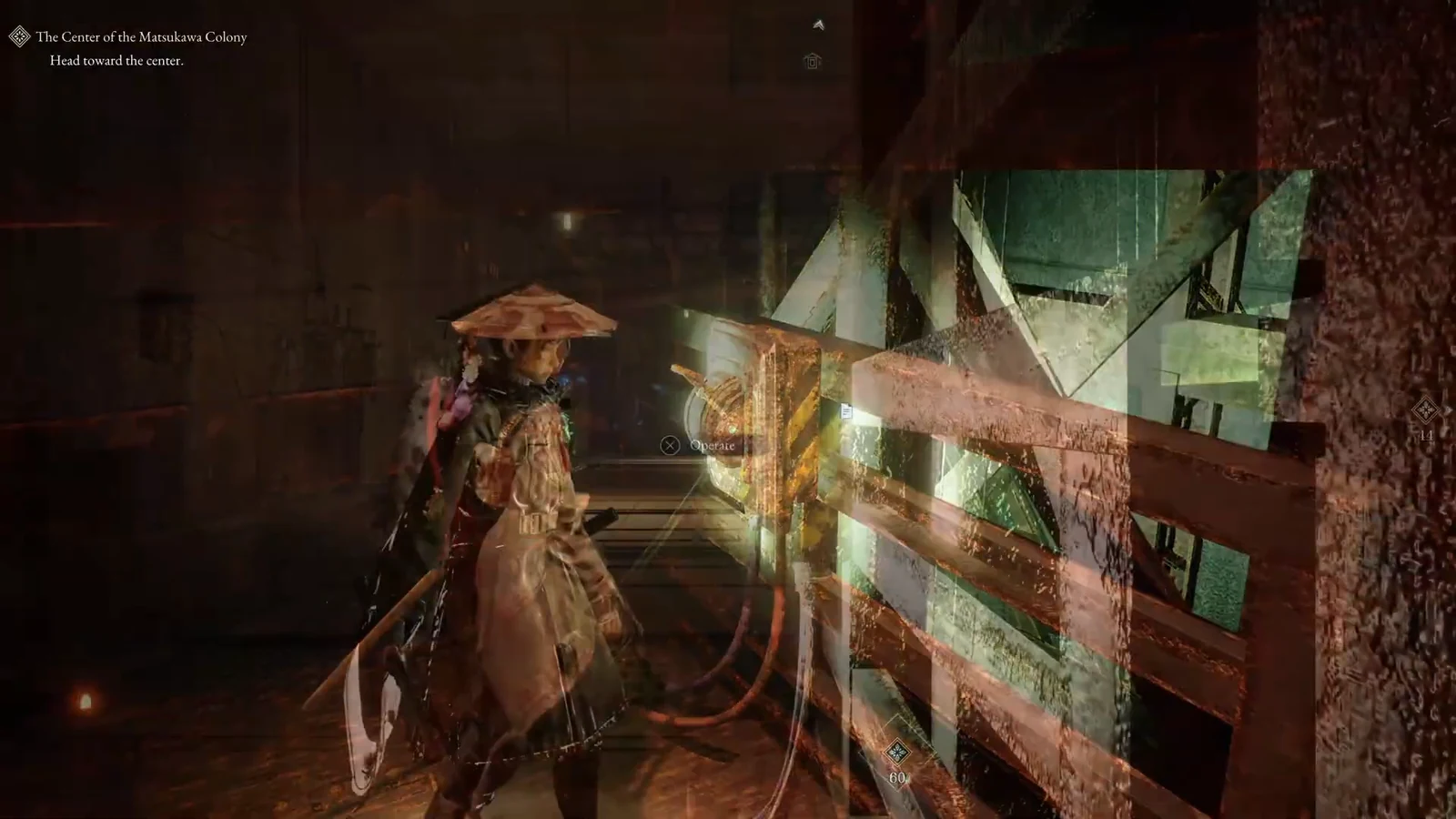 Interaction prompt on the glowing lift control inside the Matsukawa colony