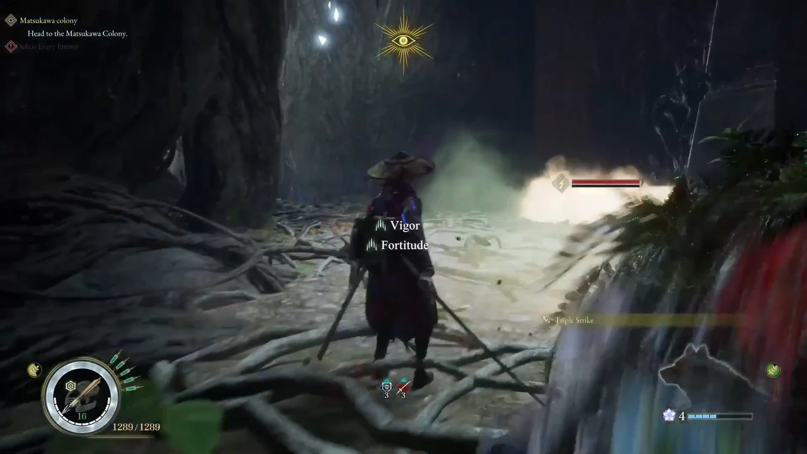 Player fights beasts in the Matsukawa cave chamber under the Head to the Matsukawa Colony objective