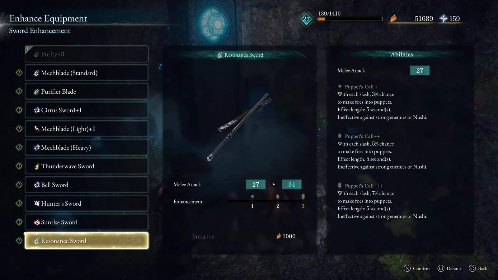 Enhance Equipment screen previewing the Resonance Sword upgrade from Melee Attack 27 to 34