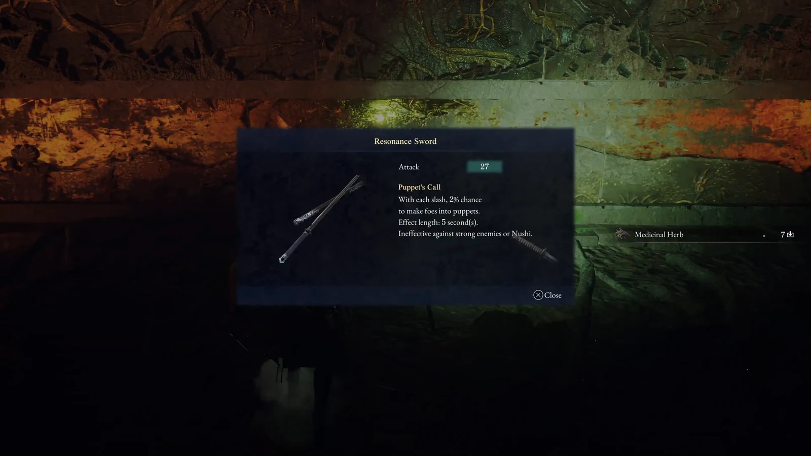 Resonance Sword details screen showing Attack 27 and the Puppet's Call effect description