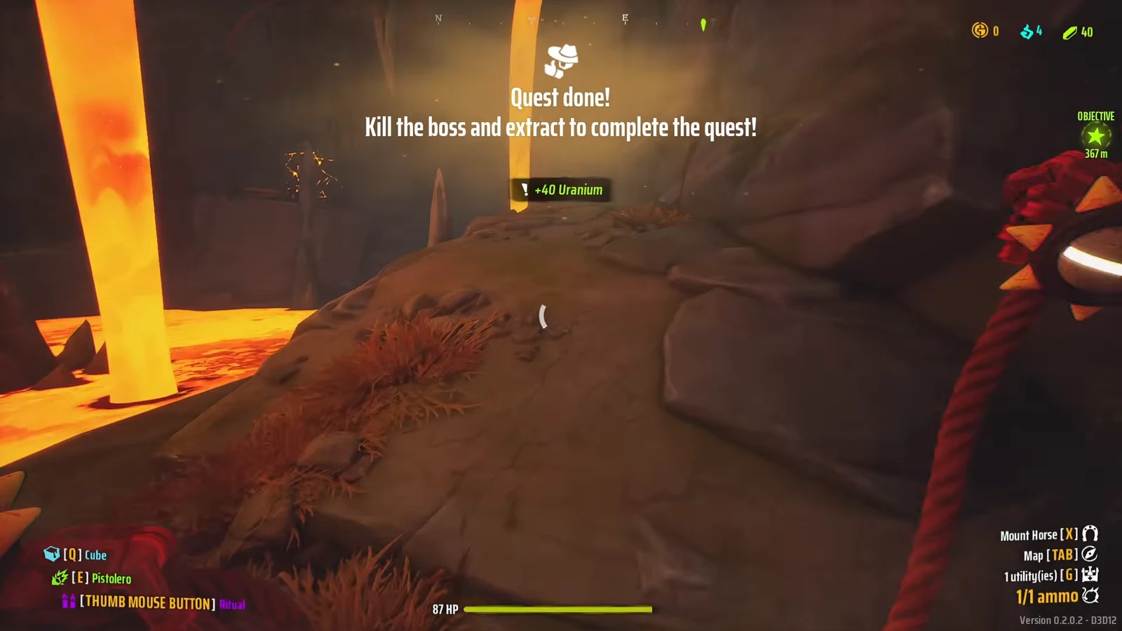 Quest done notification confirming a boss kill and awarding +40 Uranium with an extract prompt
