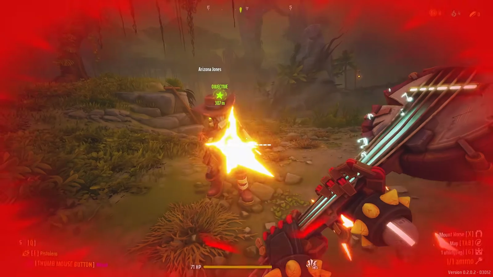 Player firing on an enemy with the Arizona Jones objective marker showing 307 meters ahead