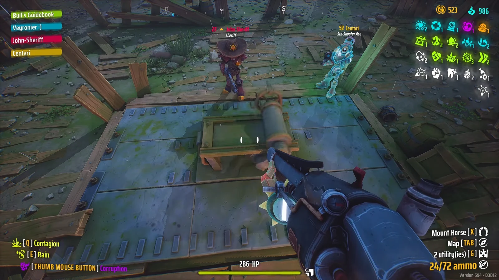 First-person view aiming a rifle at John-Sheriff with Contagion, Rain, and Corruption abilities ready