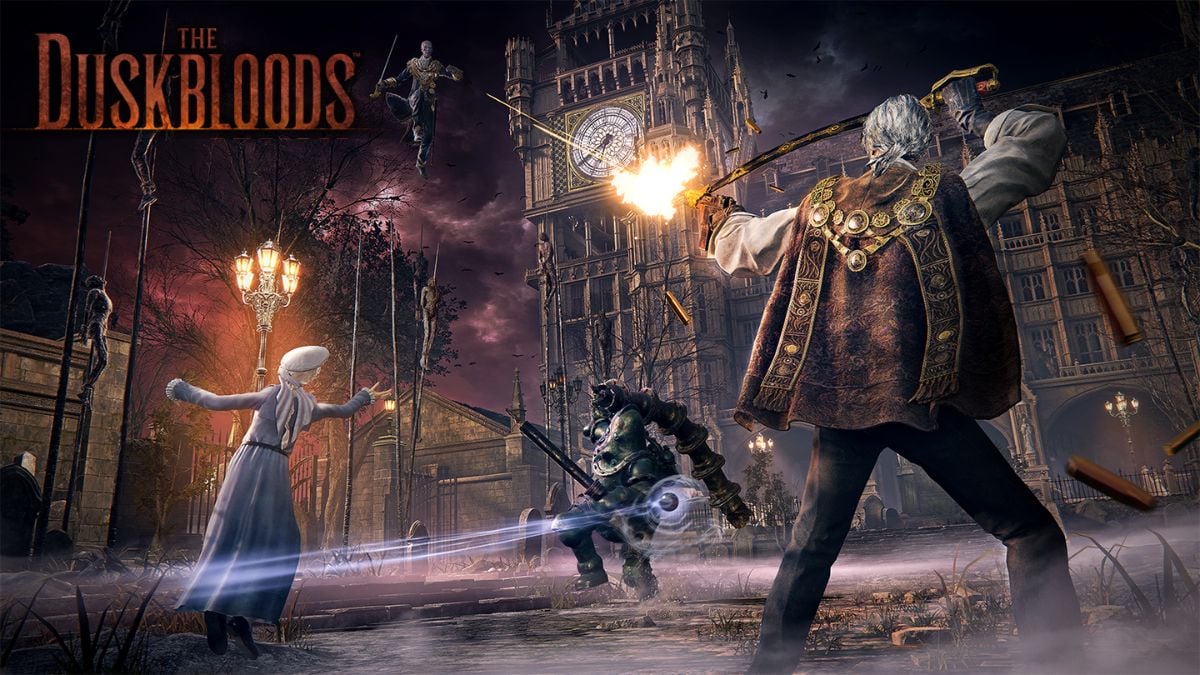 Dusksworn hunters fighting a large creature in a gothic PvPvE encounter in The Duskbloods
