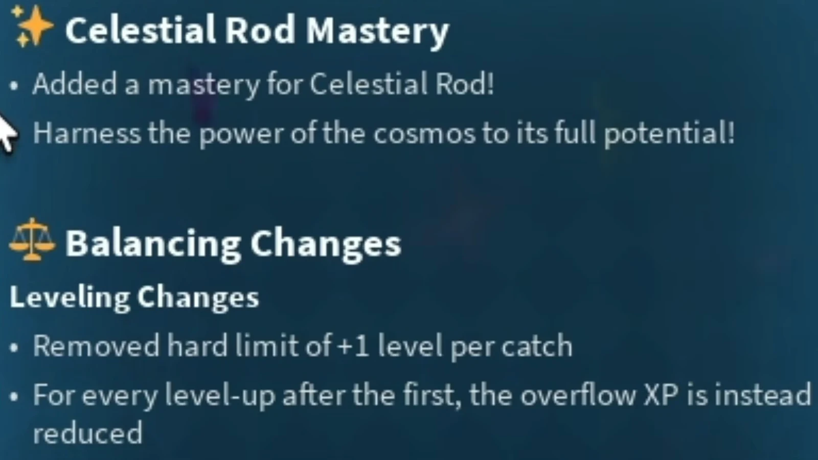 Patch notes showing the Celestial Rod Mastery addition and leveling balancing changes