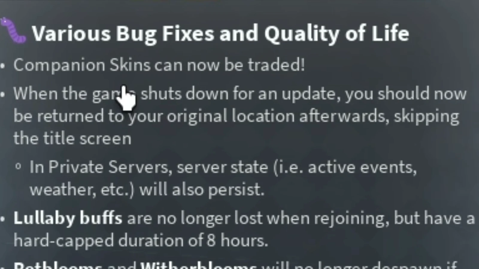 Bug fixes and quality of life patch notes with the update-shutdown location fix highlighted