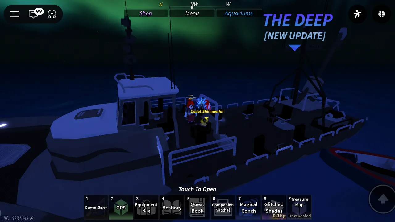 Boat with Touch To Open prompt in Fisch