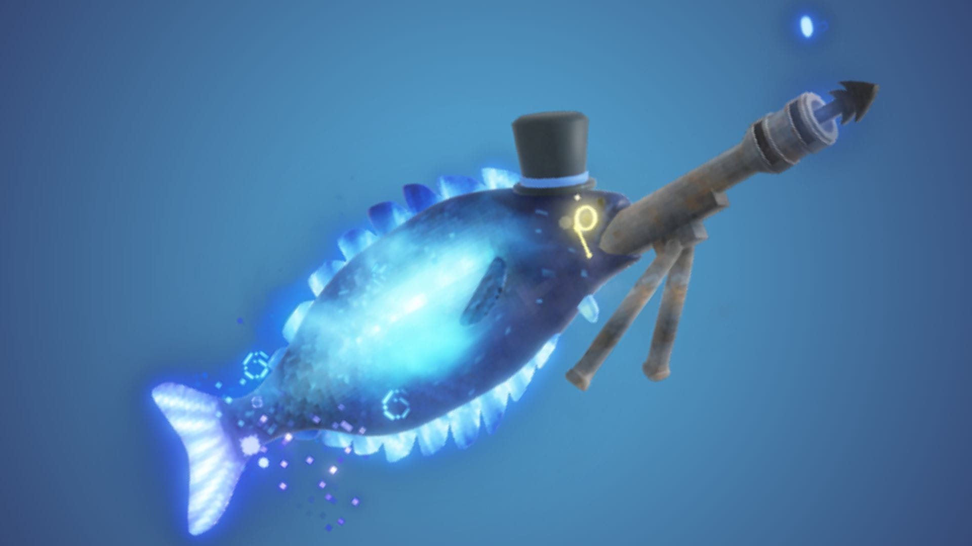 The Halibut Harpoon, a glowing blue fish fitted with a skeletal harpoon launcher and top hat