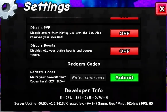 Settings menu with the Redeem Codes text field and Submit button visible