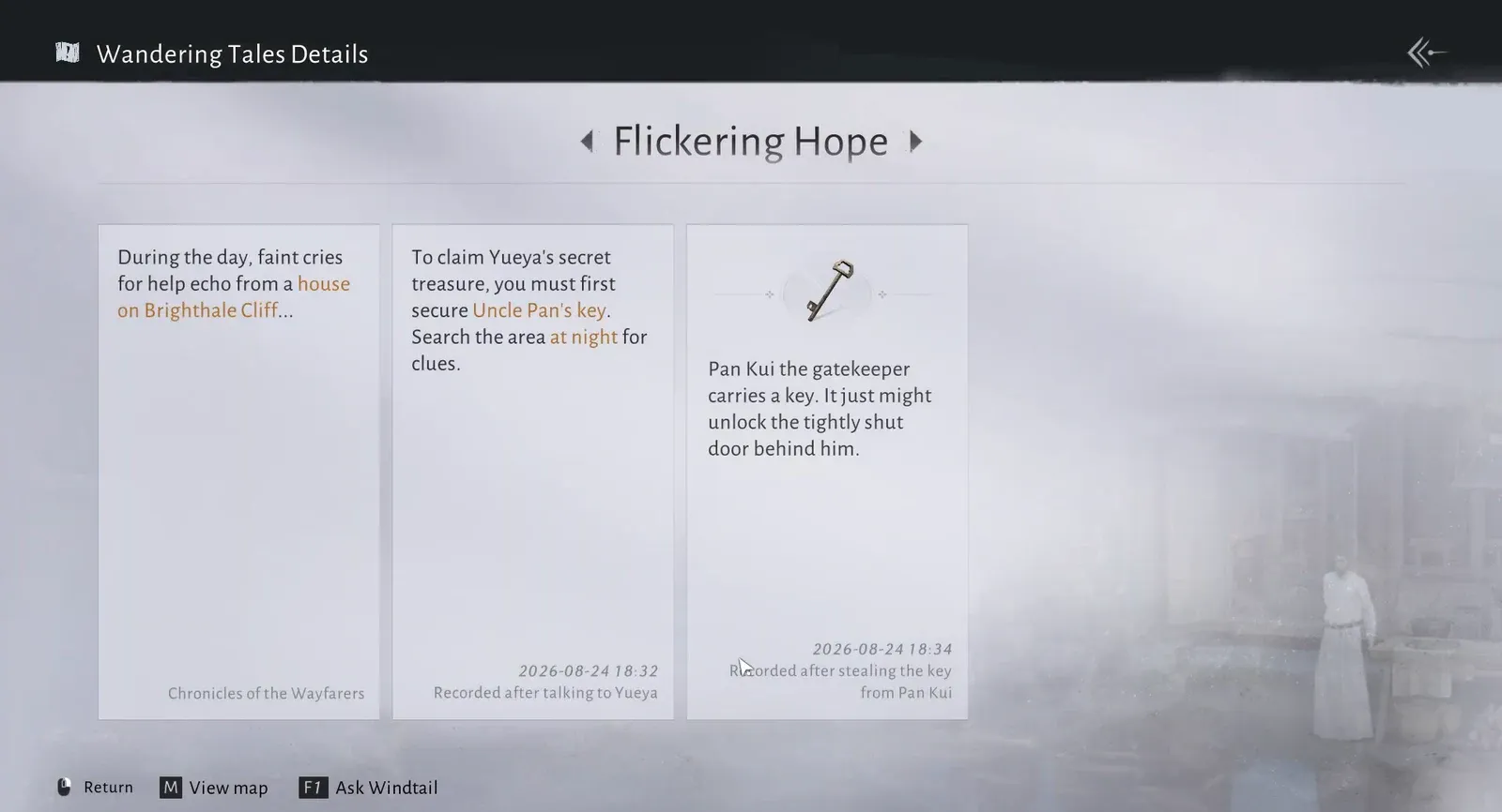 Wandering Tales Details panel listing the Flickering Hope clue recorded after taking the key