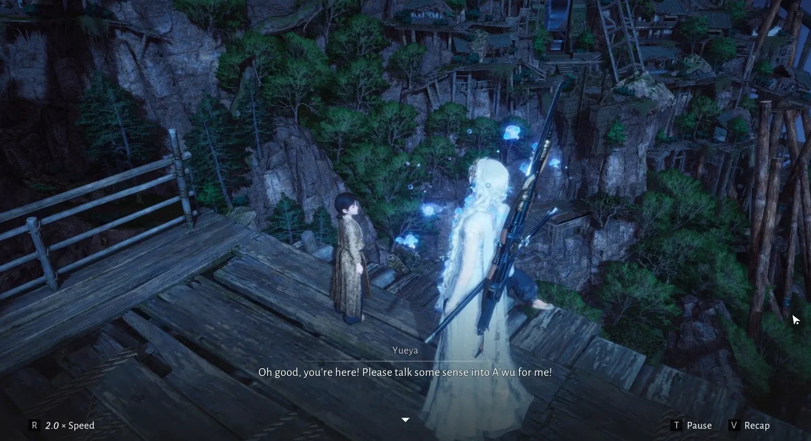 Dialogue with Yueya asking the player to talk sense into A'wu with speed and recap options