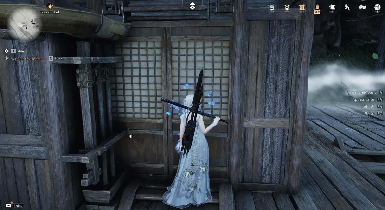 Tracked objective Wait for developments shown outside the wooden house in Ascendant Peak