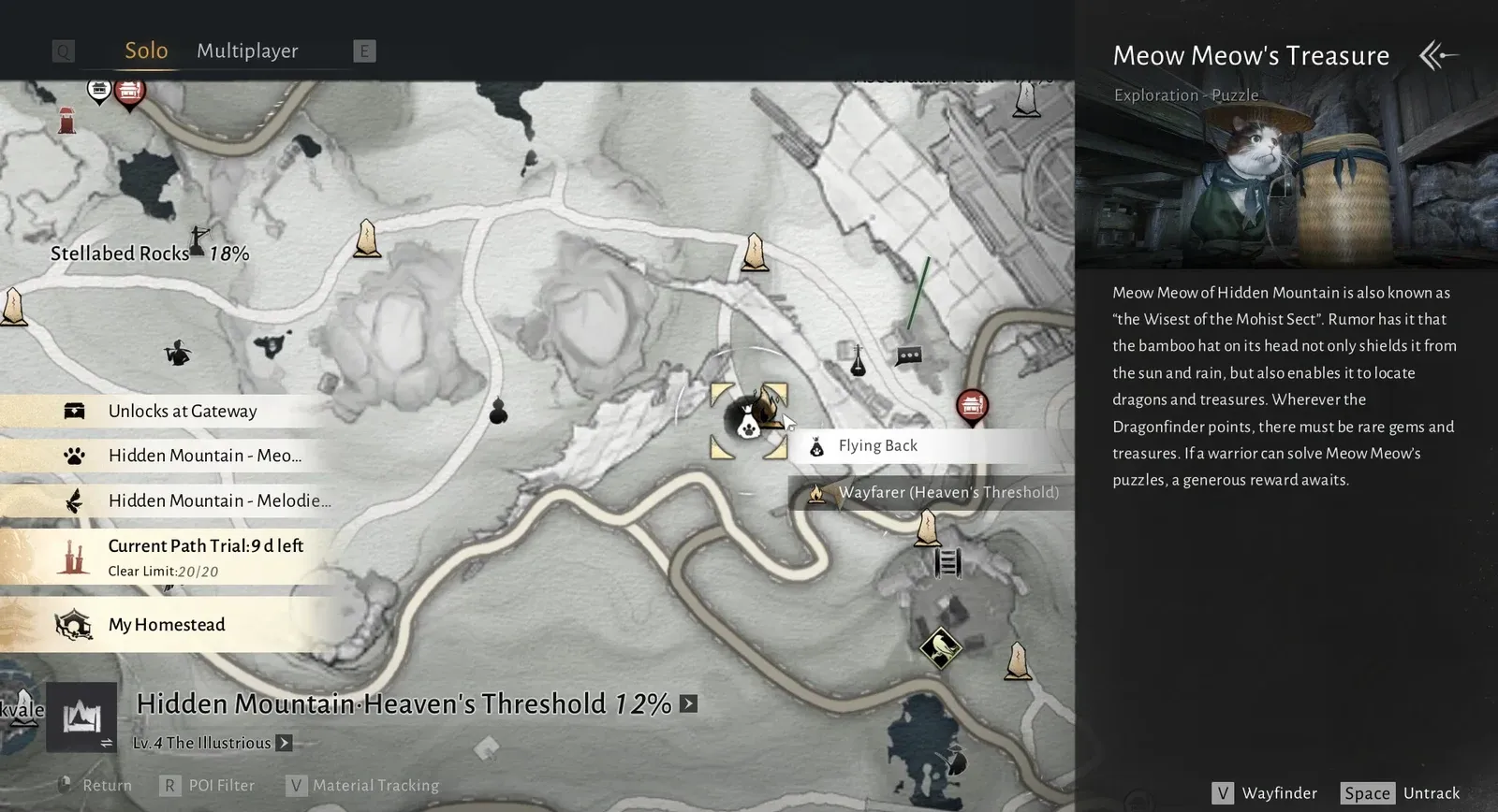 World map for Hidden Mountain with a nearby exploration point selected near Heaven's Threshold