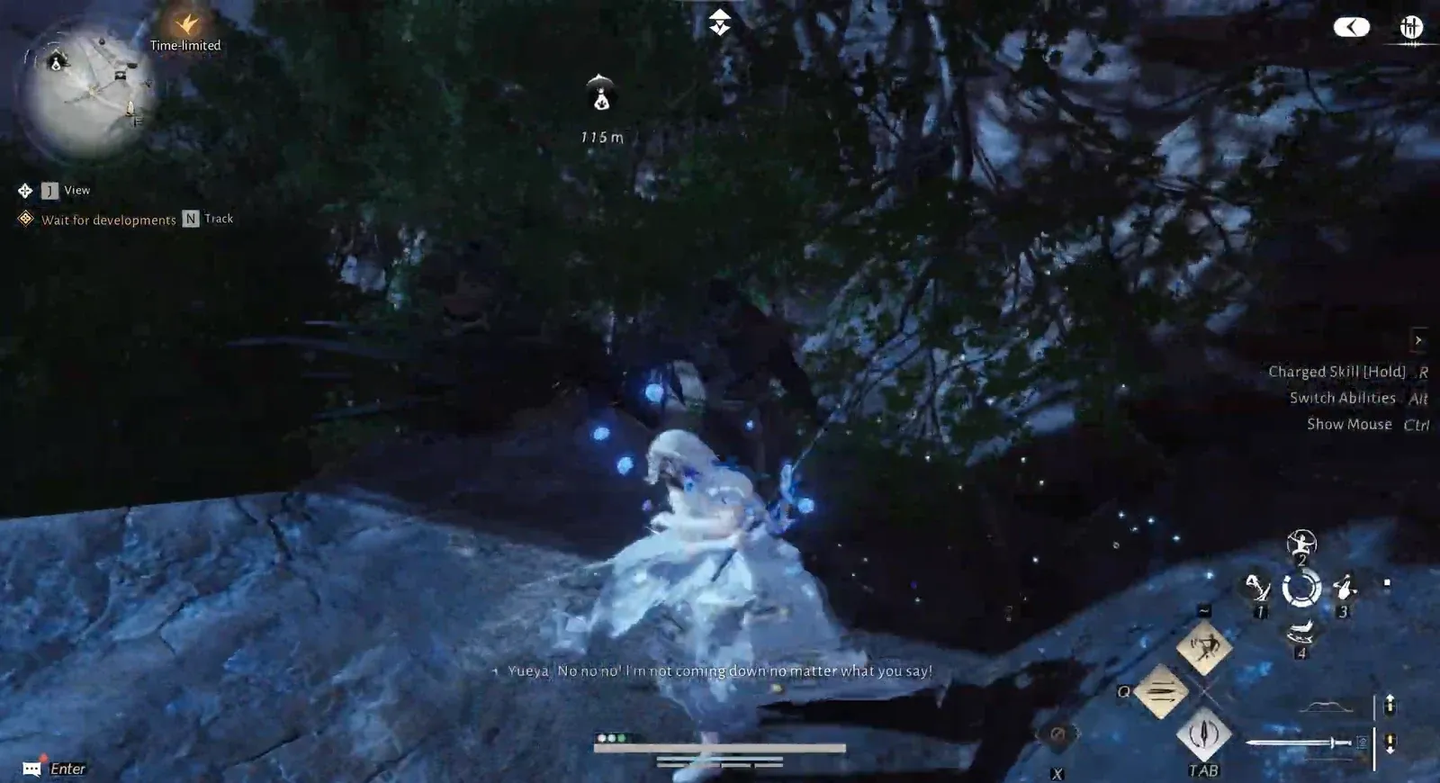 Character standing on a forest rocky ledge with the Wait for developments objective tracked