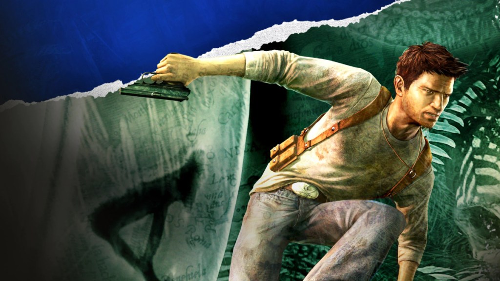 Nathan Drake with a gun vaulting over in Uncharted: Drake's Fortune, prequel to Uncharted 2: Among Thieves
