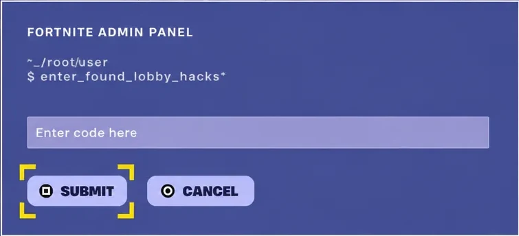 Admin panel input field with a code entered and the Submit button highlighted