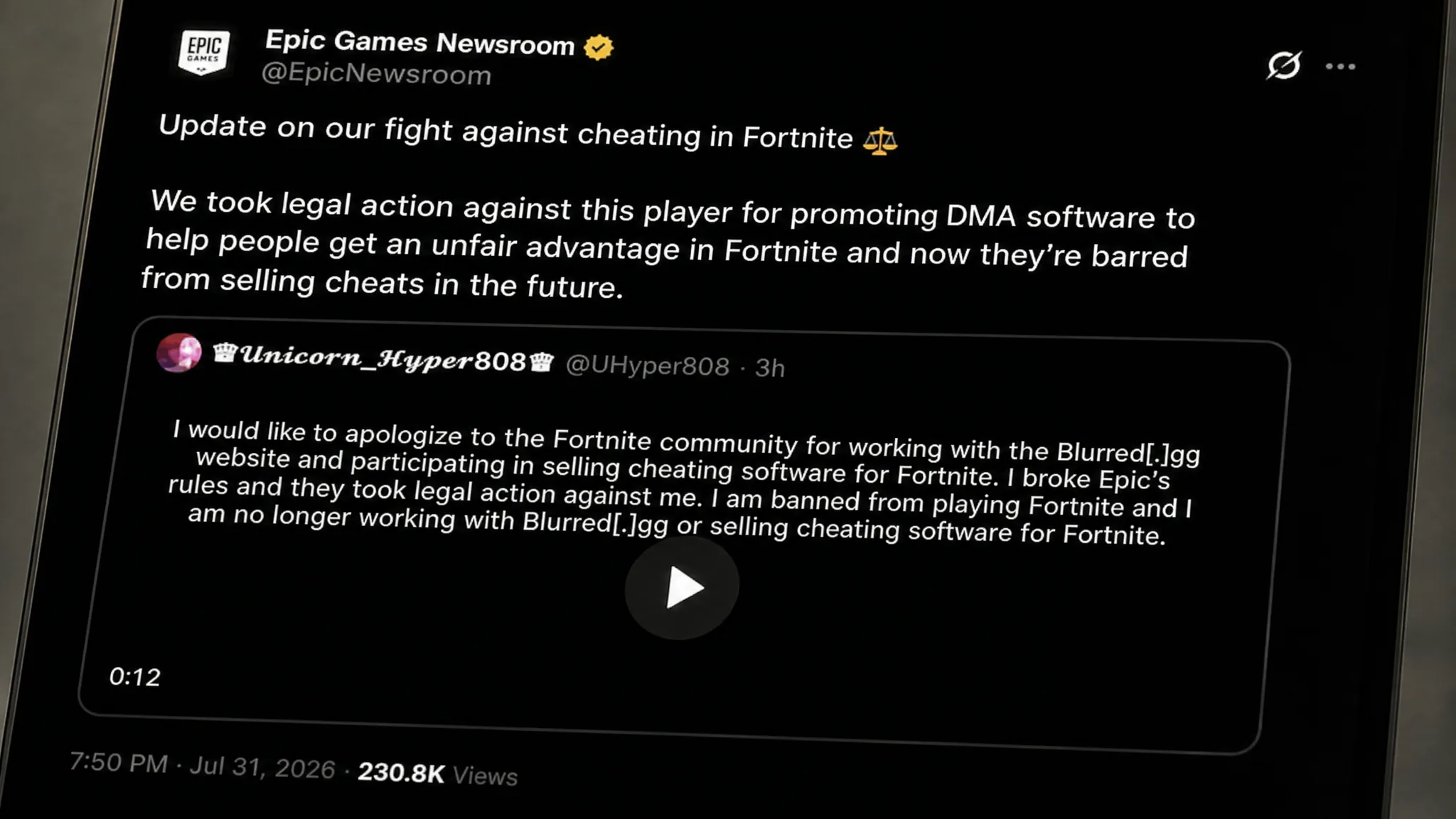 Fortnite bans cheater and releases official statement on X