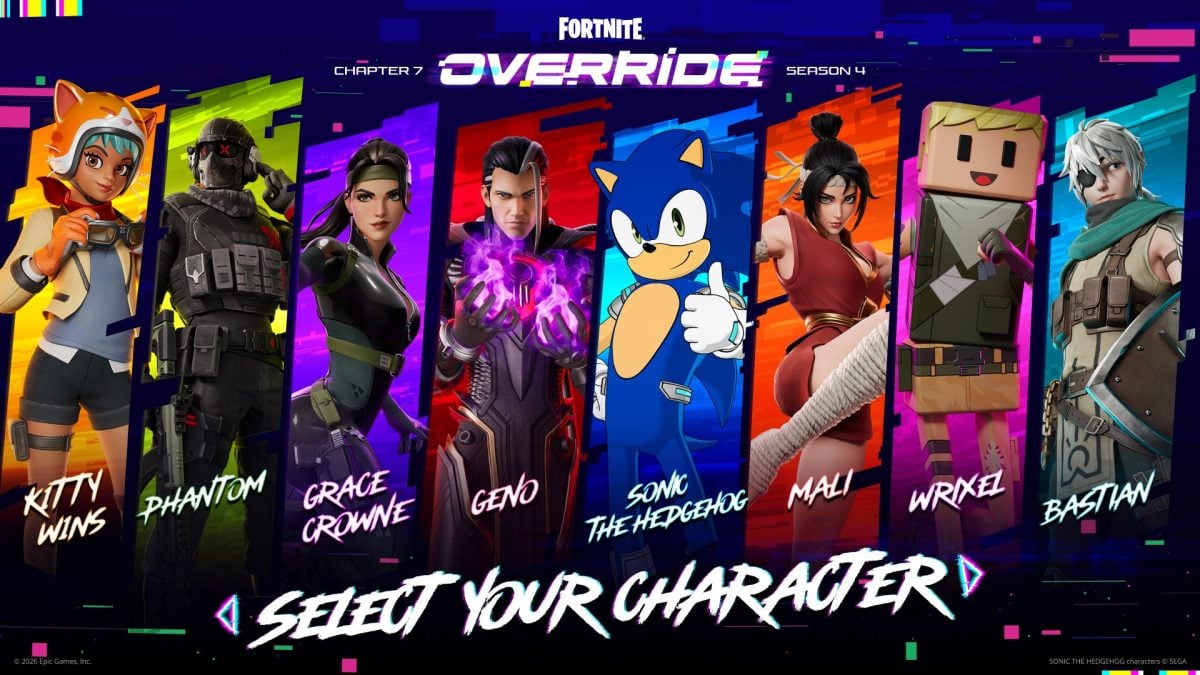 The eight Override Pass outfits for Fortnite Chapter 7 Season 4 lined up together
