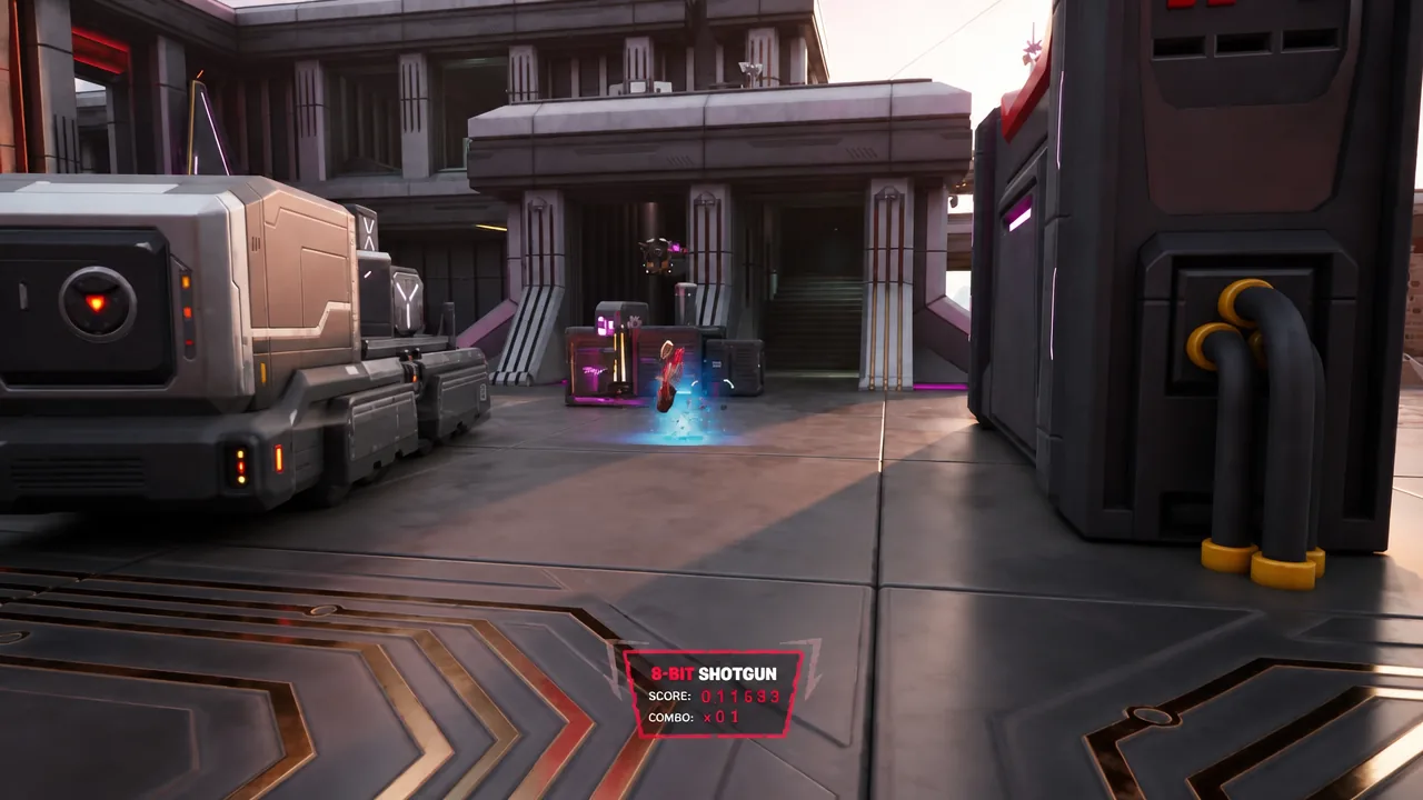 The 8-bit Shotgun equipped in the HUD with on-screen score and combo counters during a fight