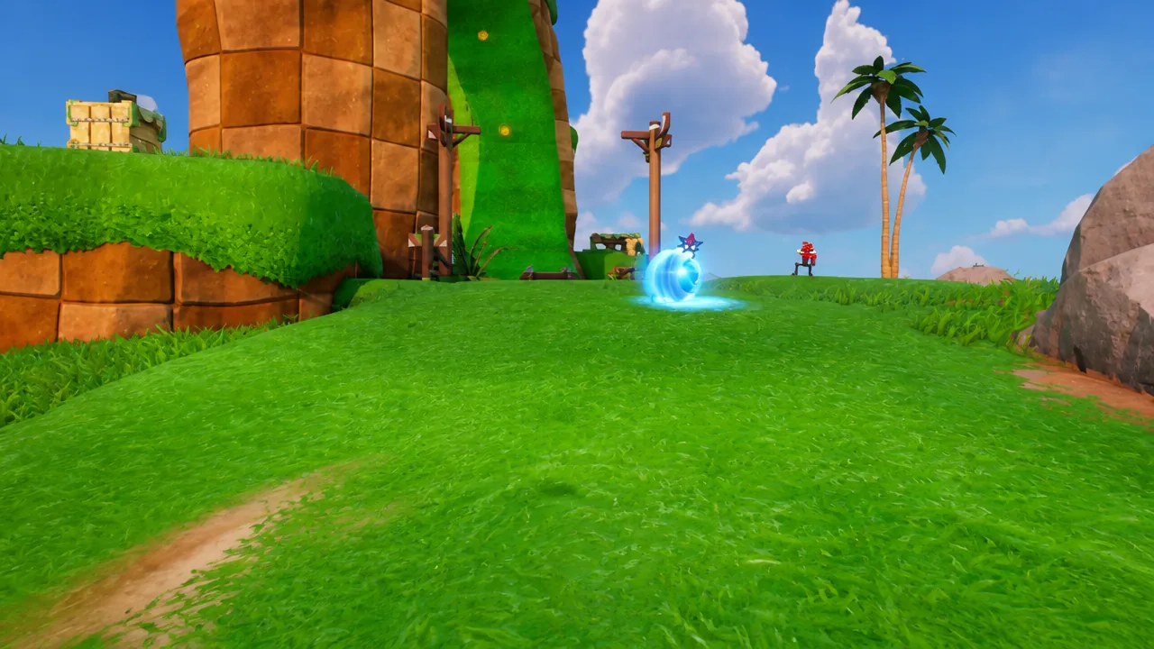 A player using the Sonic Spin Dash Mythic to roll across a grassy platform