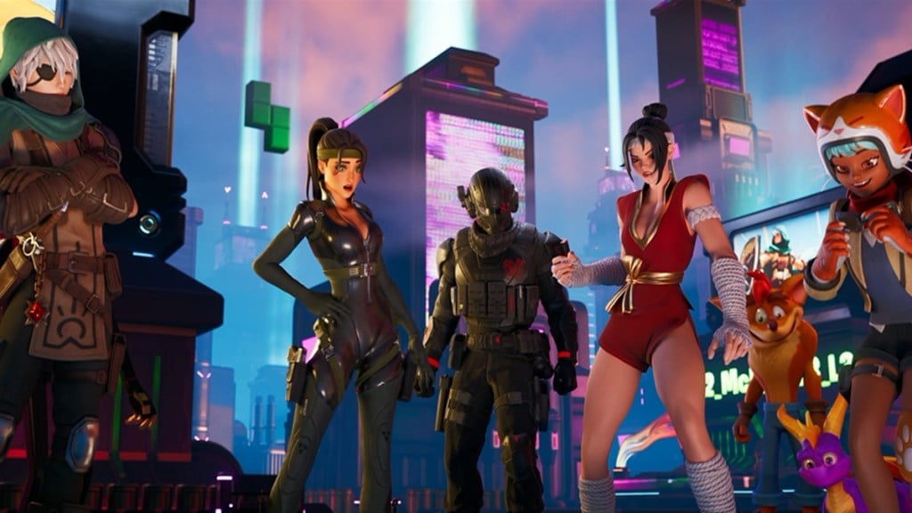 Override Battle Pass skin lineup showing eight character outfits across the reward track