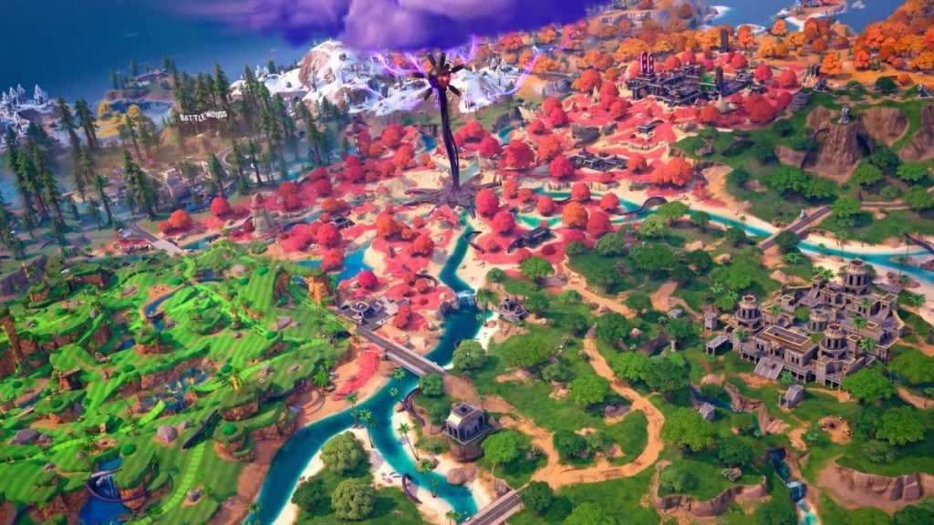 The towering Spire POI standing at the center of the Override island