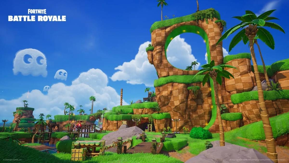 Green Hill Zone recreated on the Fortnite Island, with checkered ground and a large looping track