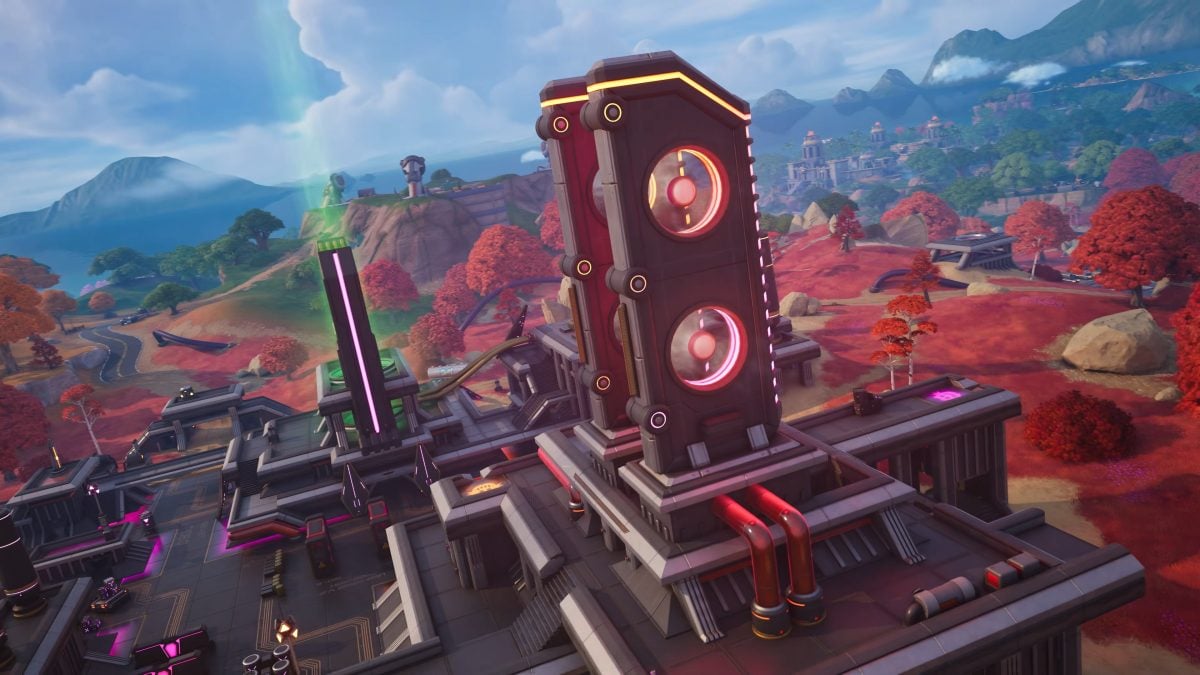 Geno's HQ POI built from oversized GPU towers, cooling pipes, and fans