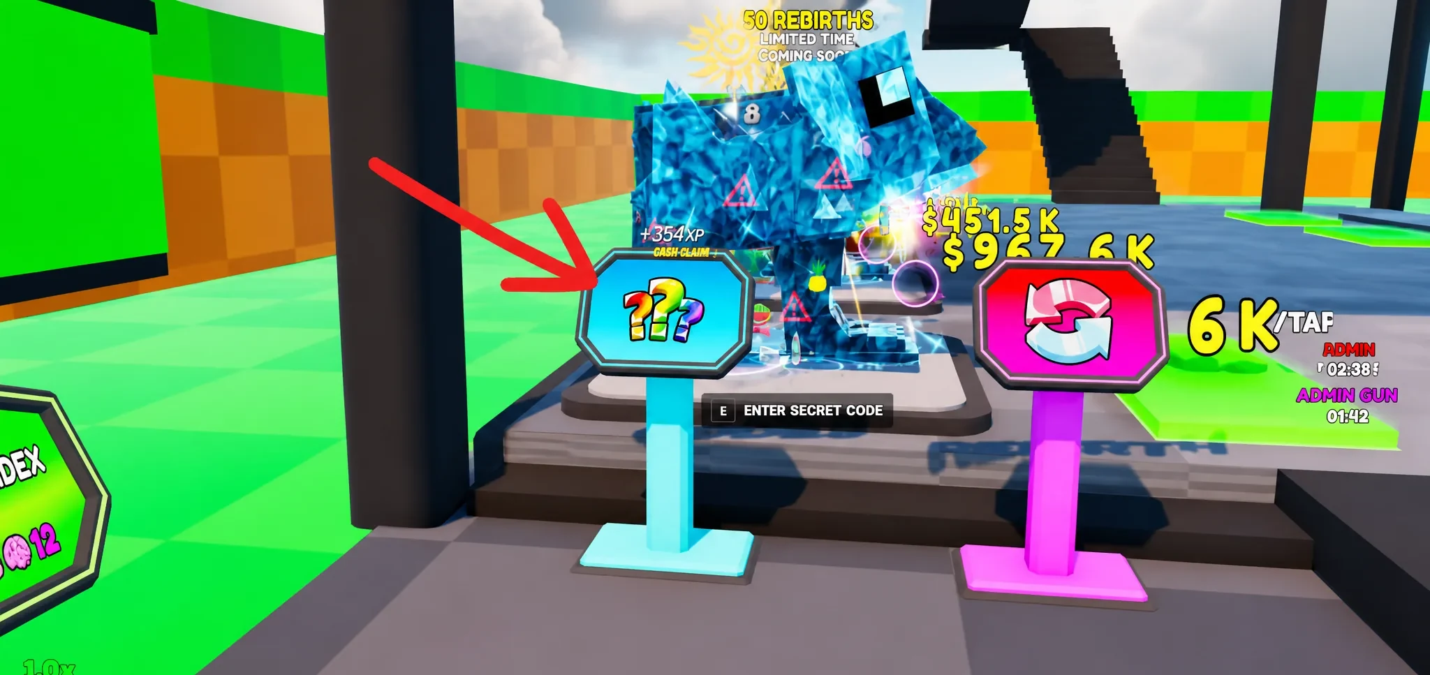 Fortnite KICK THE LUCKY BLOCK codes redemption screen showing the arrow pointing to the Codes Panel