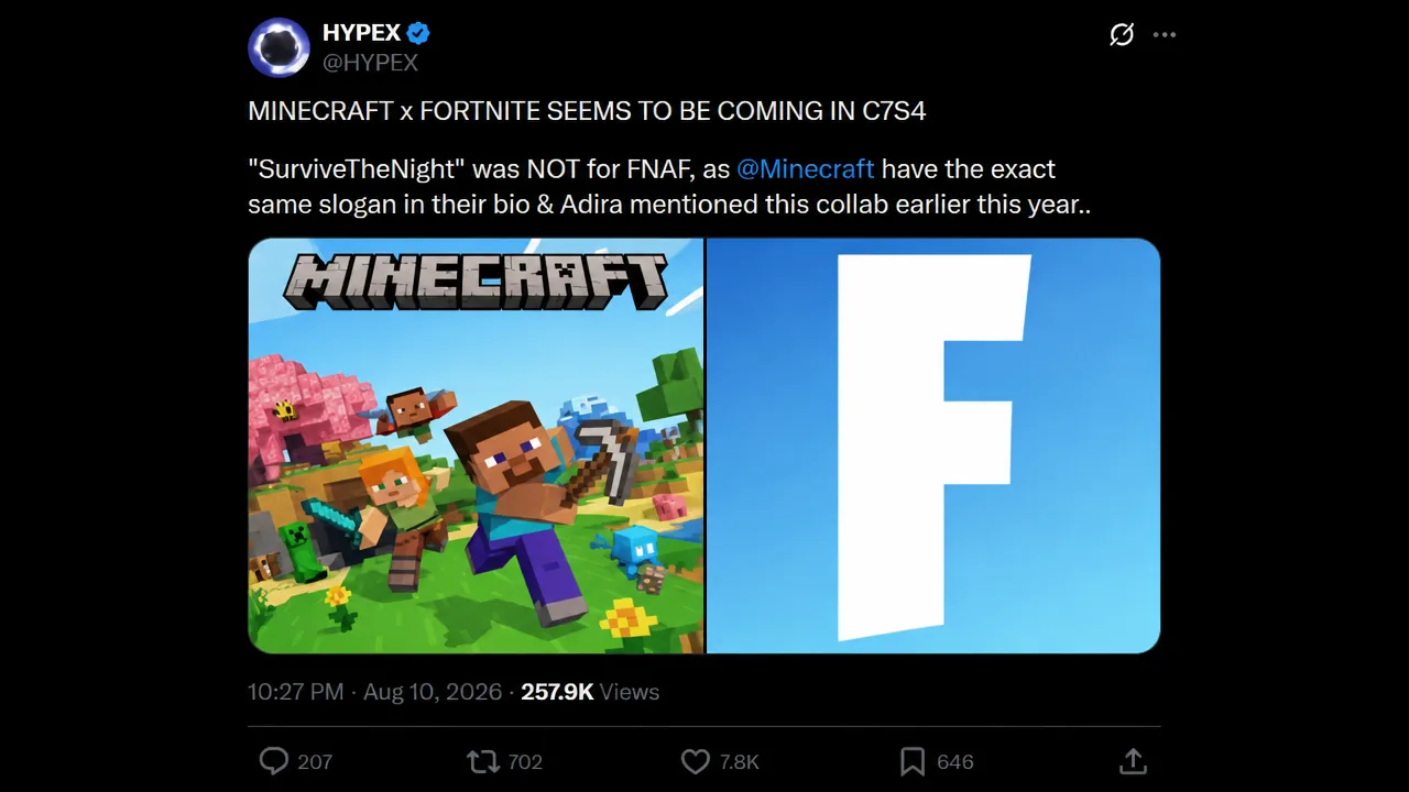 HYPEX post about Fortnite Minecraft crossover