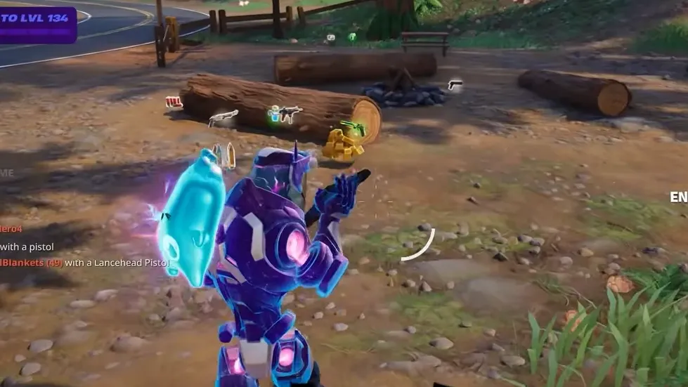 Player standing over loot with a +300 enemy eliminated banner on screen
