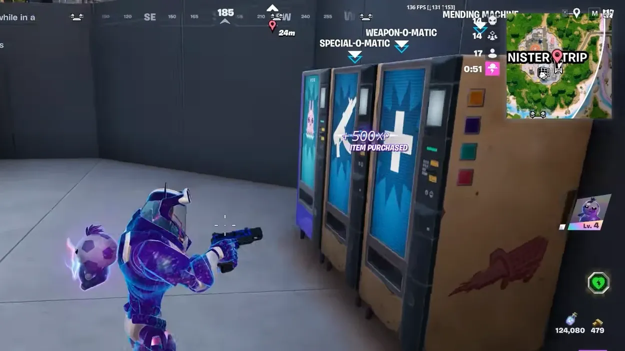 Vending machine showing an ITEM PURCHASED confirmation after buying with Gold