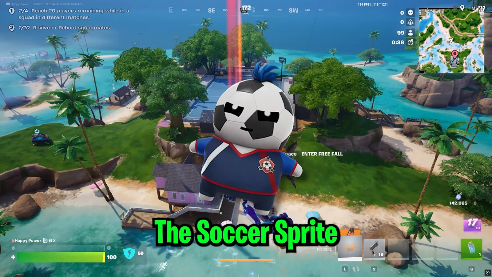 Soccer-themed Sprite gliding over the island with the free fall prompt available